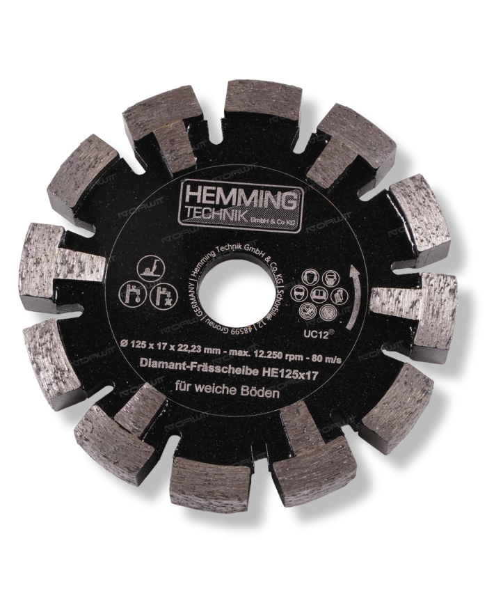 Hemming HE 120 soft screed cutter Hemming Technik - Technical data:  Milling width: 17.3 mm Milling diameter: D125 mm  Hemming HE 120 soft screed cutter Hemming Technik - Technical data:  Milling width: 17.3 mm Milling diameter: D125 mm