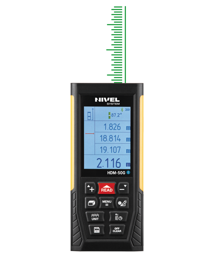 Dalmierz z zieloną wiązką Nivel System HDM-50G Nivel System - Dane techniczne:  Funkcja Pitagorasa: tak Marka: Nivel System Zakr