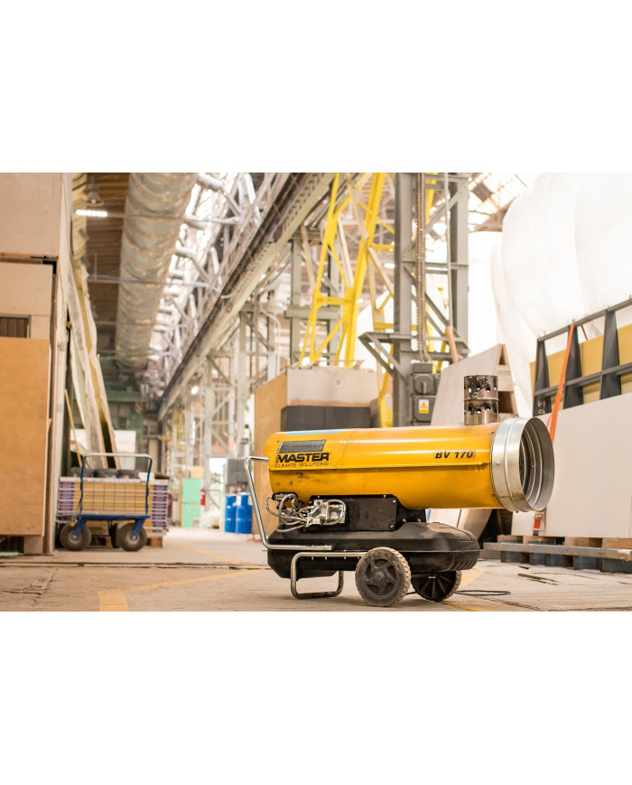 Master BV 170 oil heater with flue outlet Master Heaters -      Technical Data:       Tank capacity [ l ]: 65     Airflow [ m³/h