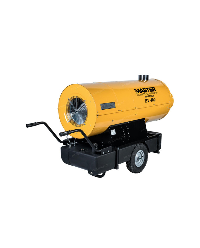 Master BV 400 oil heater with exhaust outlet Master Heaters -      Technical Data:       Tank capacity [ l ]: 150     Airflow [ 