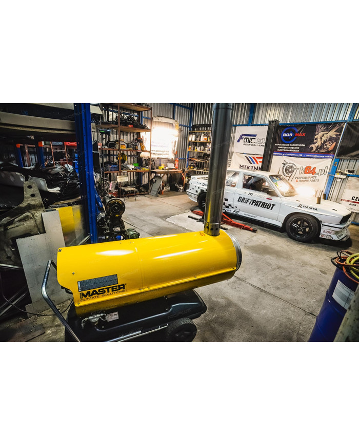 Master BV 290 oil heater with exhaust outlet Master Heaters -      Technical Data:       Tank capacity [ l ]: 105     Airflow [ 