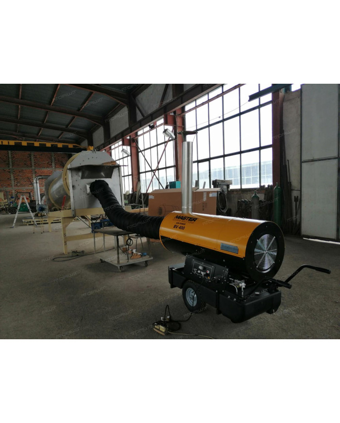 Master BV 400 oil heater with exhaust outlet Master Heaters -      Technical Data:       Tank capacity [ l ]: 150     Airflow [ 