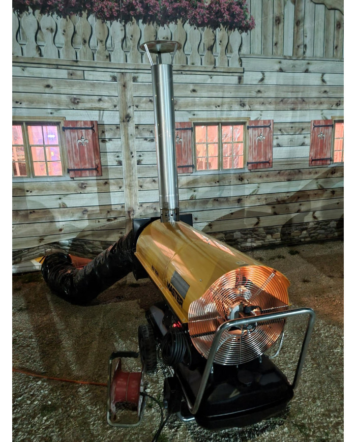 Master BV 290 oil heater with exhaust outlet Master Heaters -      Technical Data:       Tank capacity [ l ]: 105     Airflow [ 