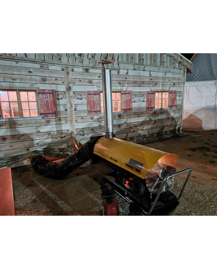 Master BV 290 oil heater with exhaust outlet Master Heaters -      Technical Data:       Tank capacity [ l ]: 105     Airflow [ 