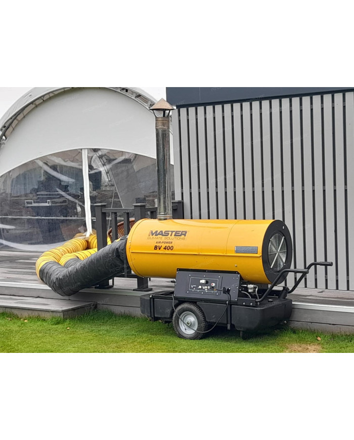 Master BV 400 oil heater with exhaust outlet Master Heaters -      Technical Data:       Tank capacity [ l ]: 150     Airflow [ 
