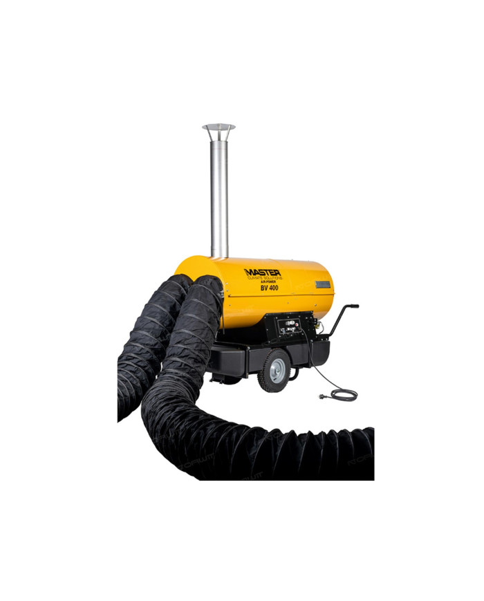 Master BV 400 oil heater with exhaust outlet Master Heaters -      Technical Data:       Tank capacity [ l ]: 150     Airflow [ 