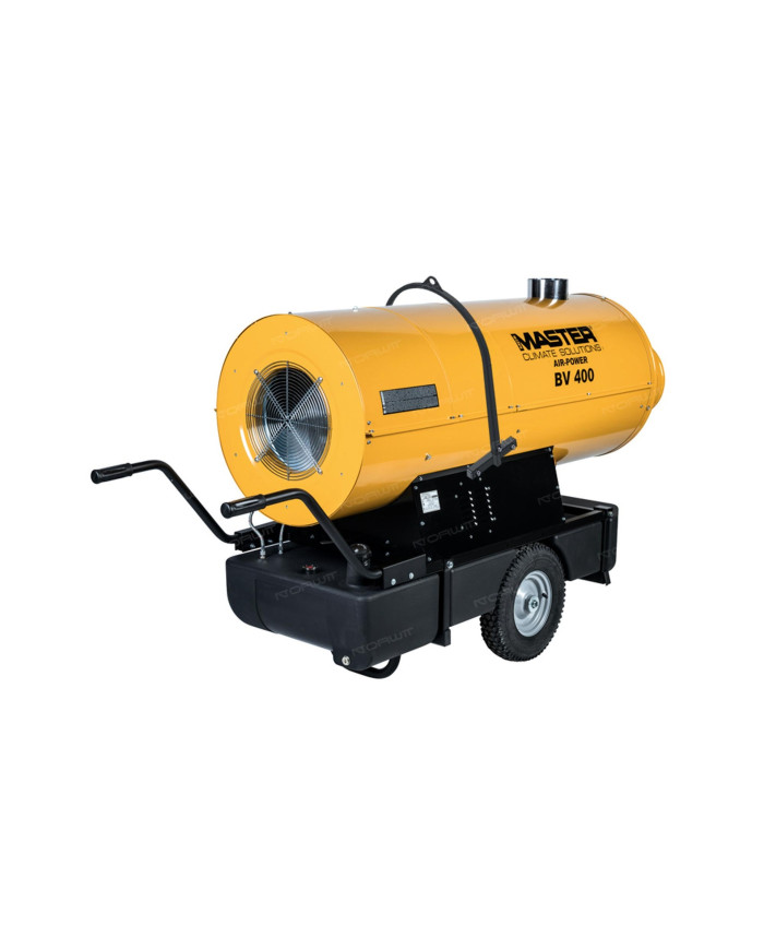 Master BV 400 oil heater with exhaust outlet Master Heaters -      Technical Data:       Tank capacity [ l ]: 150     Airflow [ 