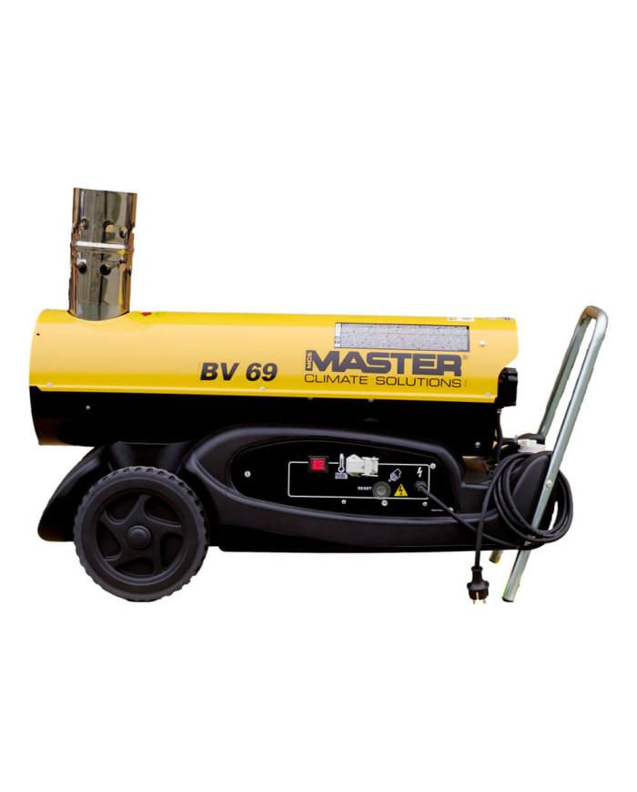 Master BV 69E exhaust oil heater Master Heaters - Technical specifications:  Tank capacity [ l ]: 35 Air flow [ m³/h ]: 1550 Pow
