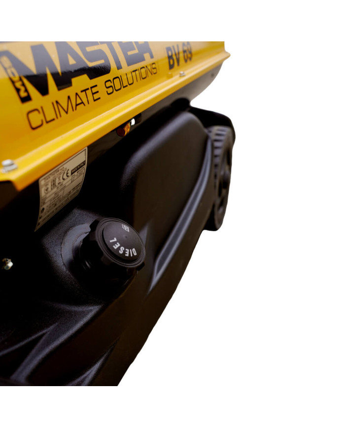 Master BV 69E exhaust oil heater Master Heaters - Technical specifications:  Tank capacity [ l ]: 35 Air flow [ m³/h ]: 1550 Pow