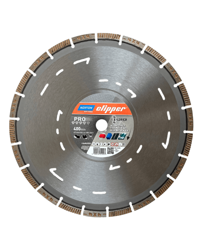 Tarcza diamentowa PRO 4x4 EXPLORER H12 400x25.4 Norton Clipper - Dane techniczne: Średnica tarczy: 400 mmŚrednica otworu tarczy: Tarcza diamentowa PRO 4x4 EXPLORER H12 400x25.4 Norton Clipper - Dane techniczne: Średnica tarczy: 400 mmŚrednica otworu tarczy: