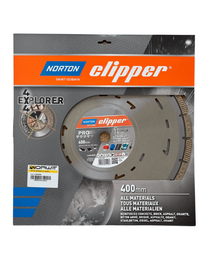 Tarcza diamentowa PRO 4x4 EXPLORER H12 400x25.4 Norton Clipper - Dane techniczne: Średnica tarczy: 400 mmŚrednica otworu tarczy: Tarcza diamentowa PRO 4x4 EXPLORER H12 400x25.4 Norton Clipper - Dane techniczne: Średnica tarczy: 400 mmŚrednica otworu tarczy: